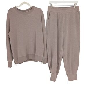 Varley DoubleSoft Gabriella Sweat & Relaxed Pant Set Women L Taupe Athleisure